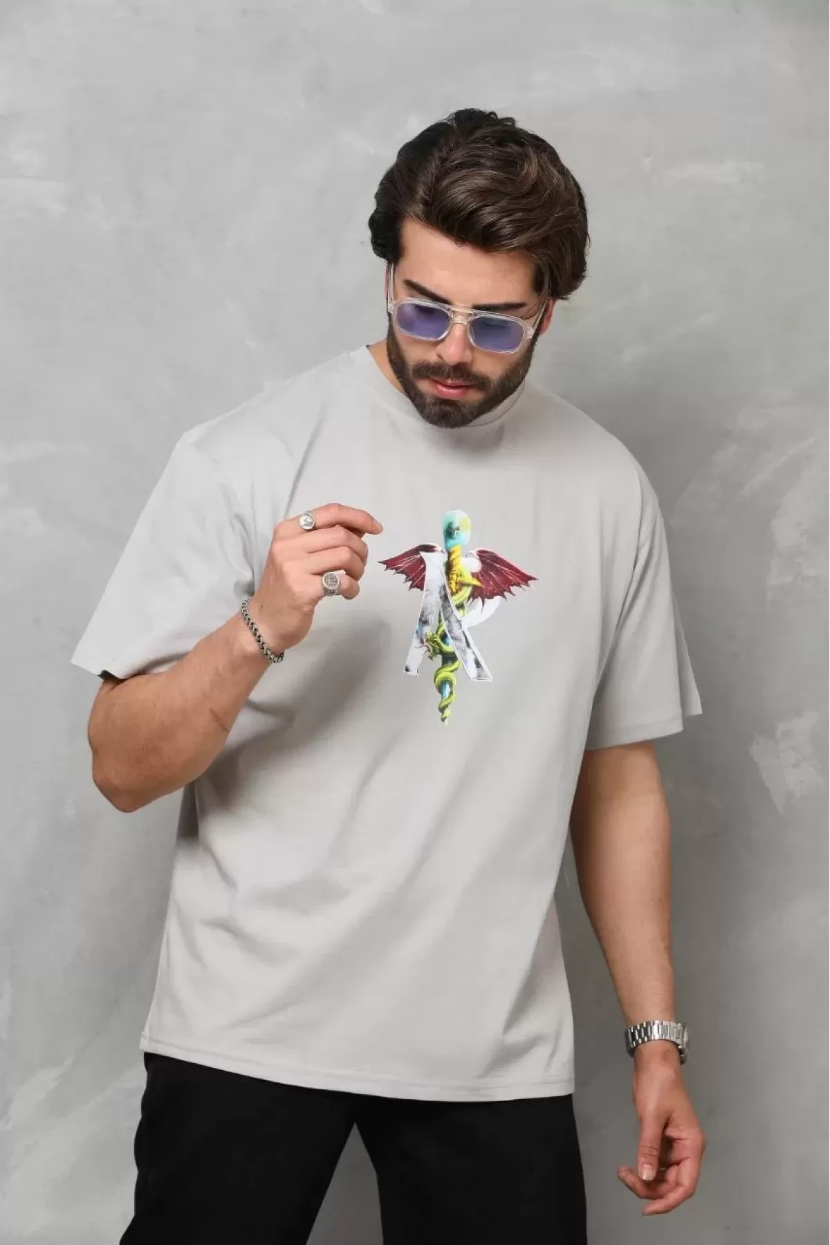 Baskılı Bisiklet Yaka Oversize Penye T-Shirt - Gri