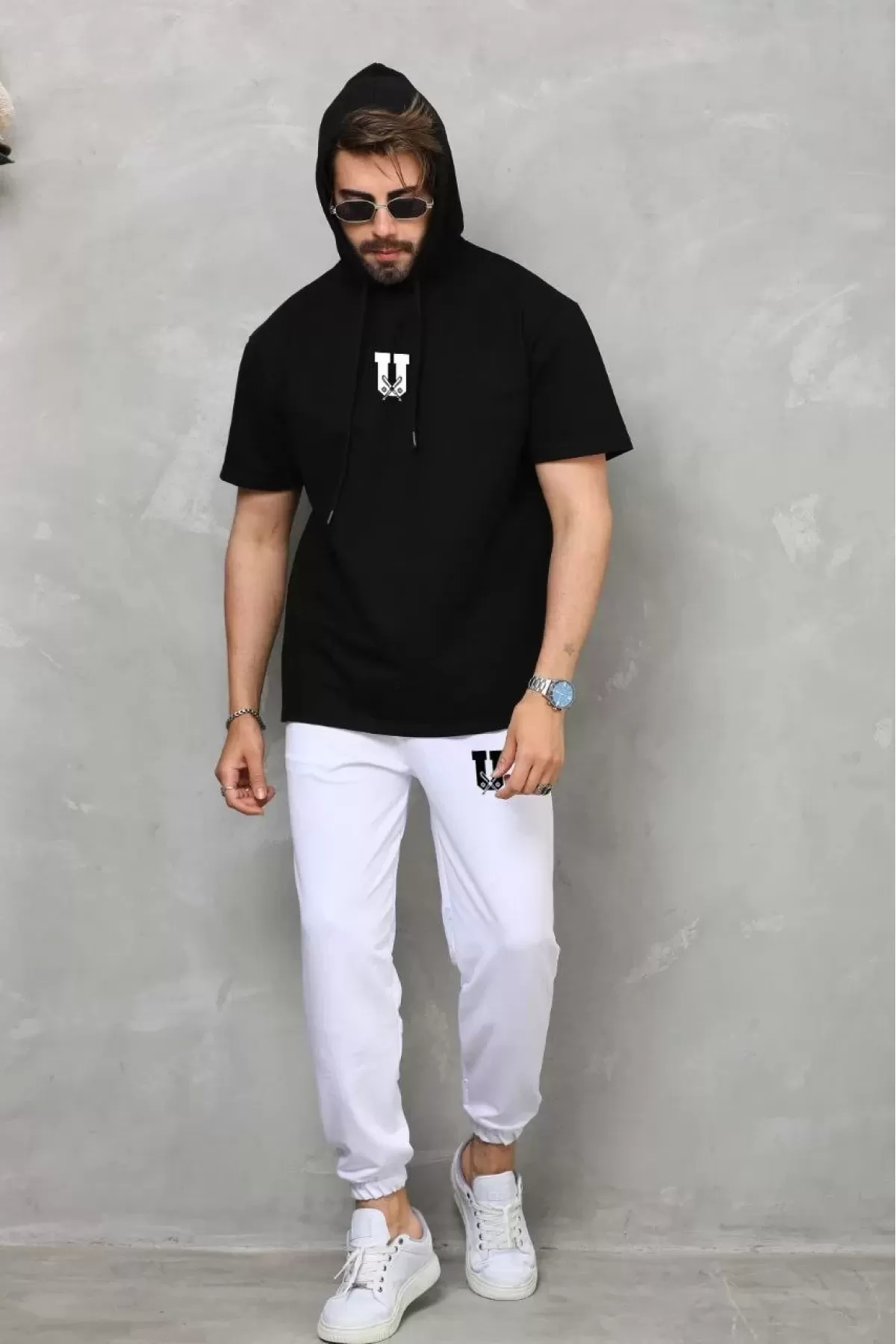 Unisex Kapşonlu Oversize T-Shirt Takım - Siyah