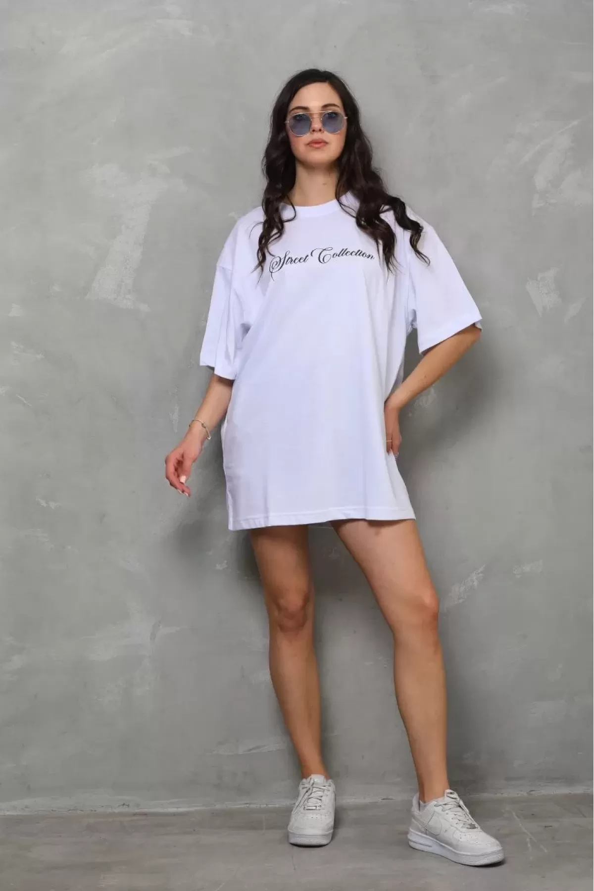 Unisex Bisiklet Yaka Baskılı Oversize T-Shirt - Beyaz