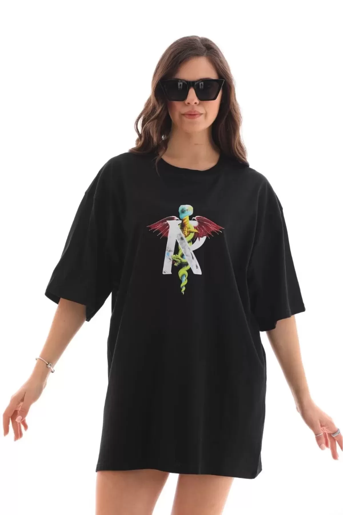 Unisex Bisiklet Yaka Baskılı Oversize T-Shirt - Siyah