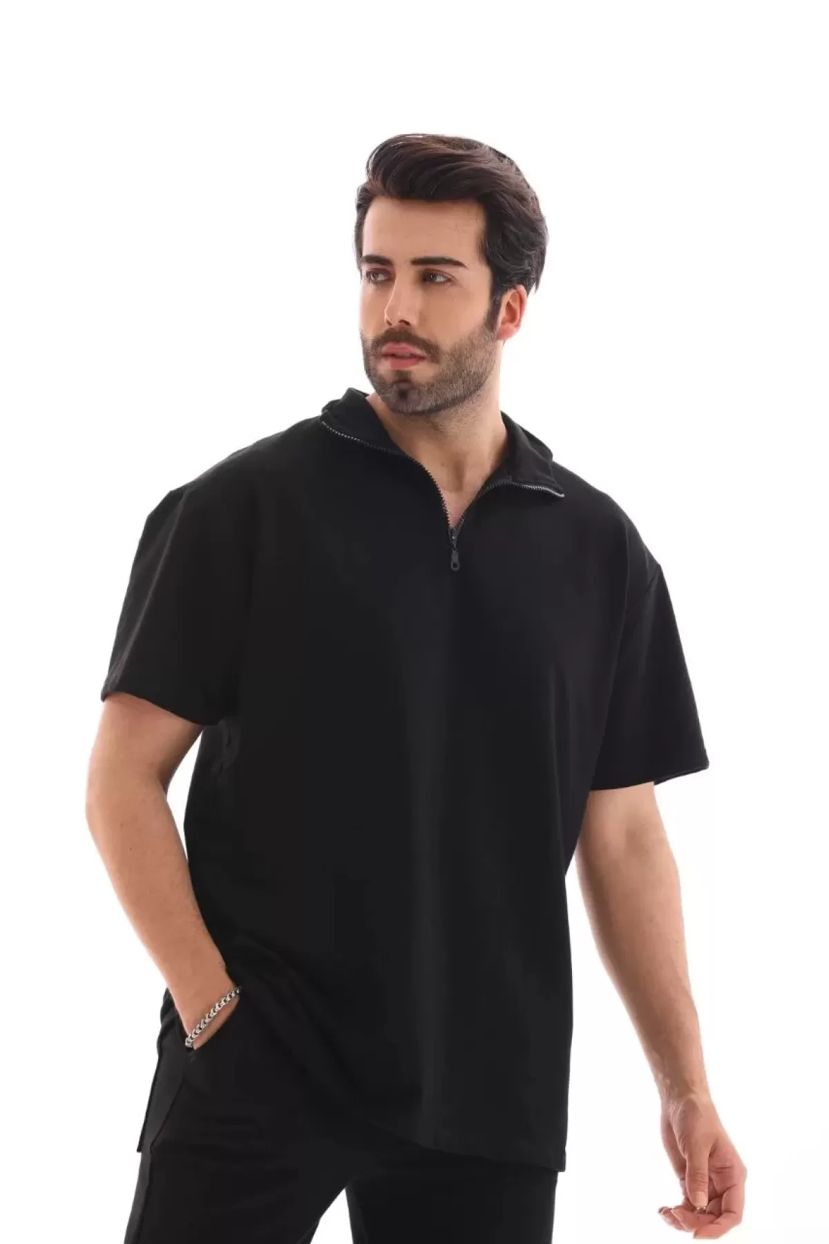 Yakalı Yarım Fermuarlı Oversize T-shirt - Siyah