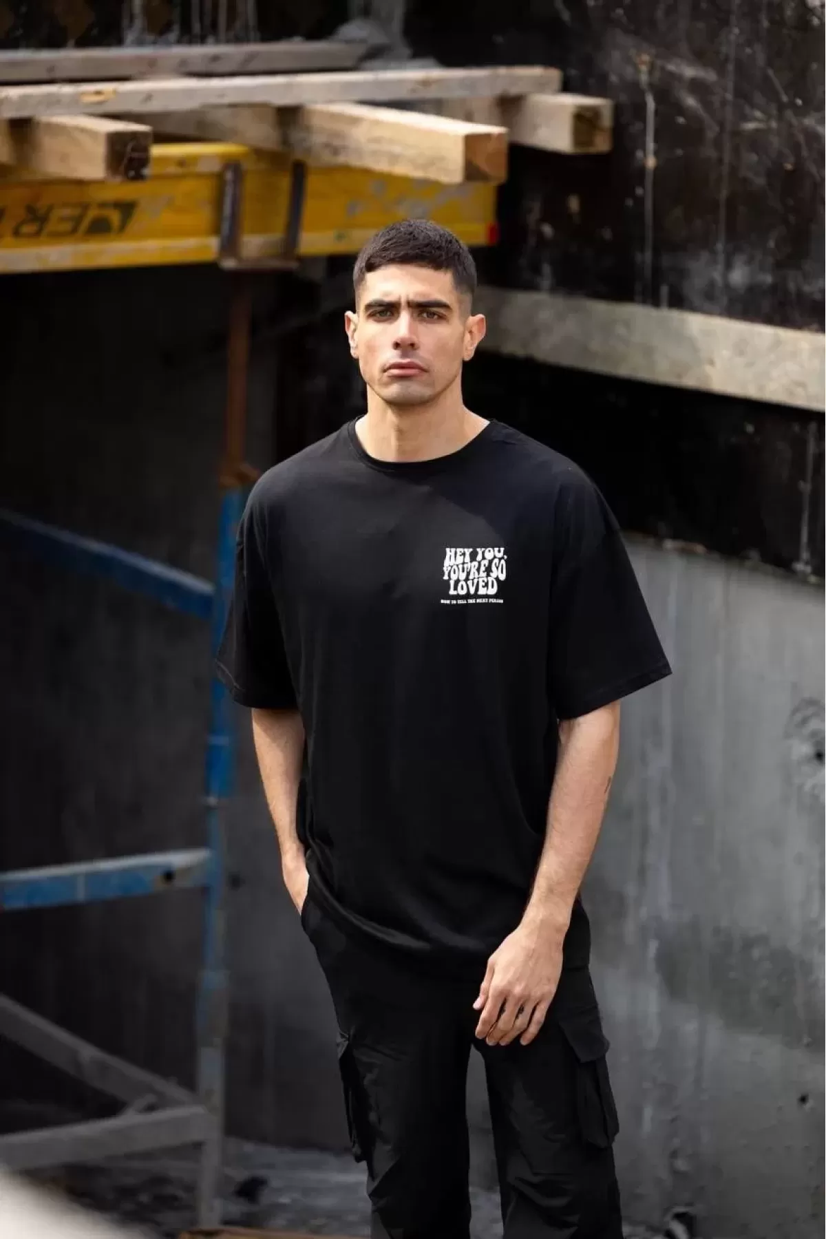 Baskılı Bisiklet Yaka Oversize T-Shirt - Siyah