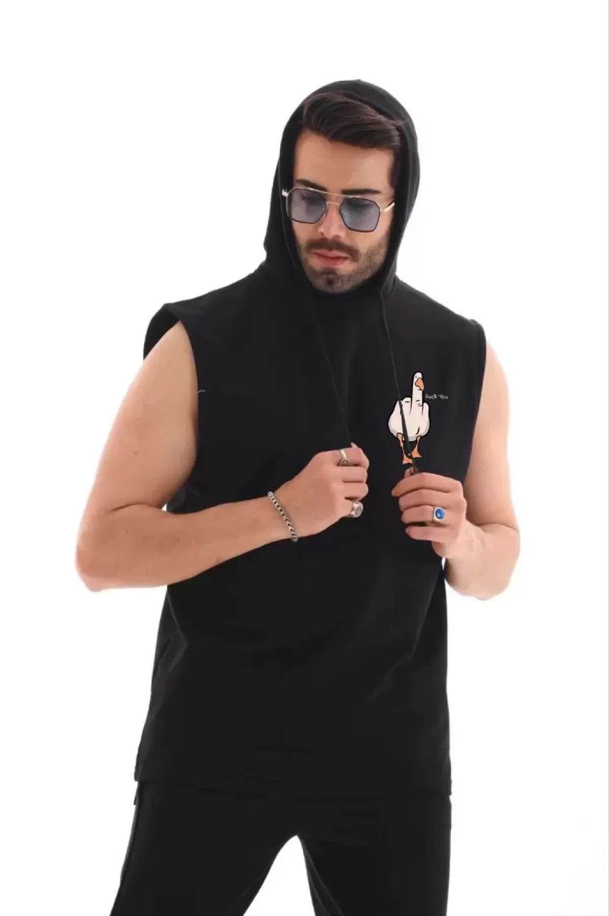 Kolsuz Kapüşonlu Baskılı Oversize T-Shirt - Siyah