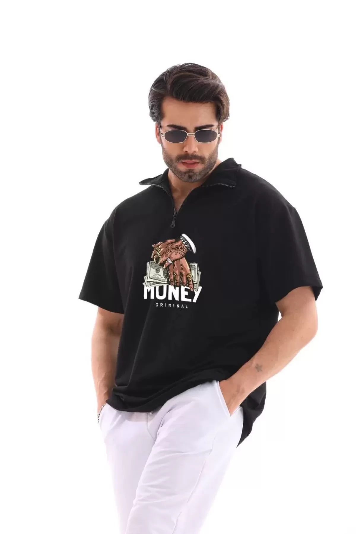 Money Baskılı Yarım Fermuarlı Oversize T-Shirt - Siyah