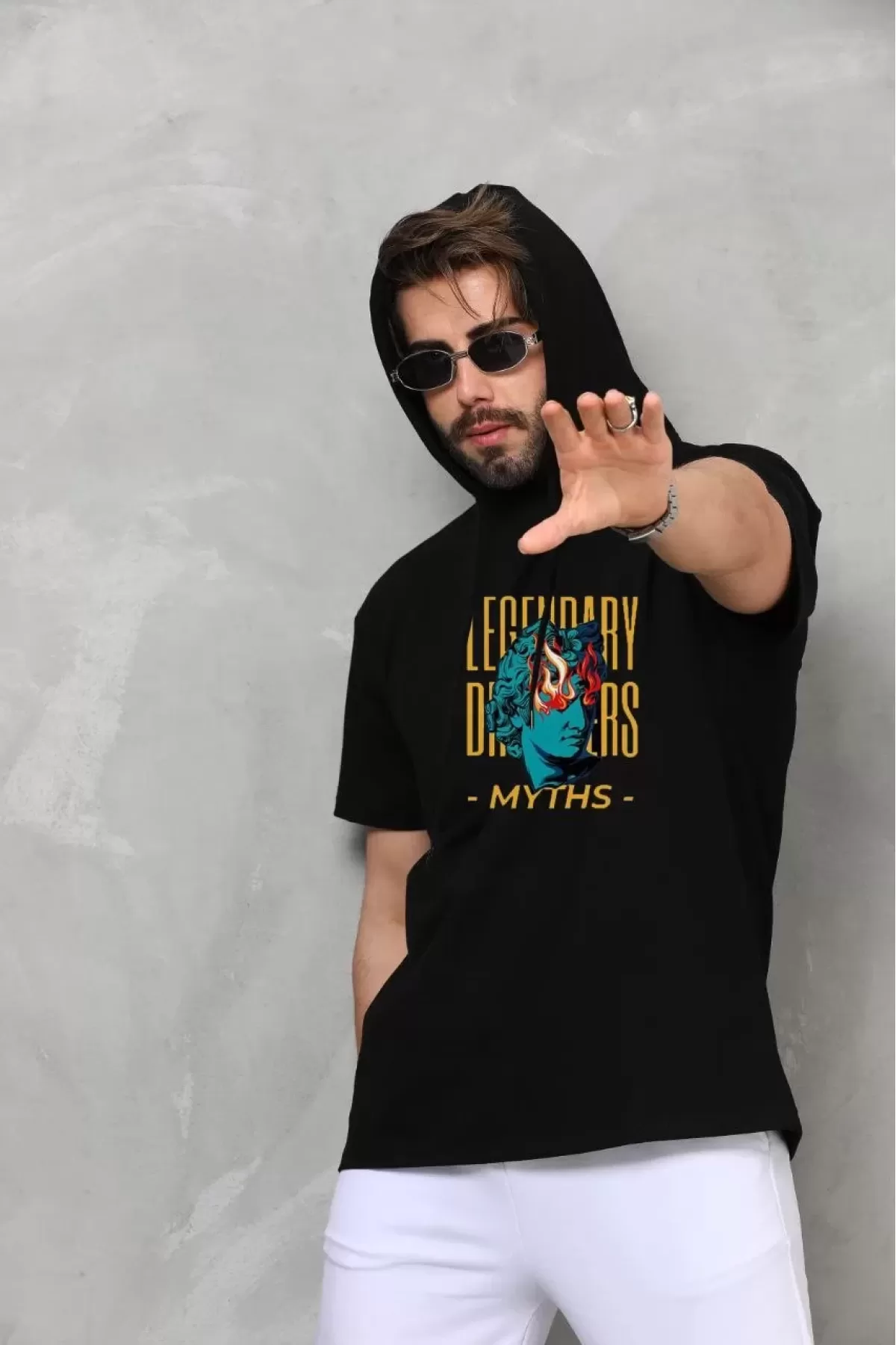 Baskılı Kapüşonlu Oversize T-Shirt - Siyah