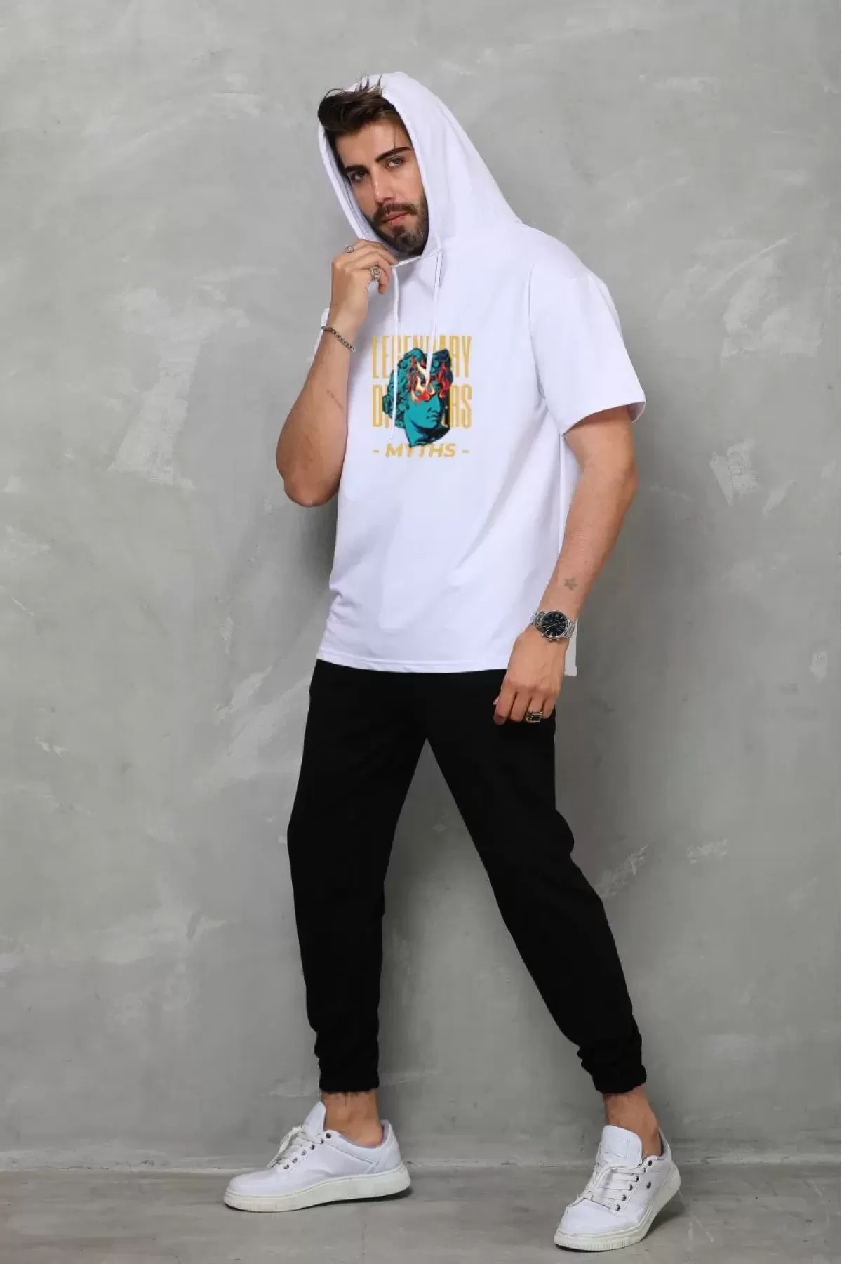 Baskılı Kapüşonlu Oversize T-Shirt - Beyaz