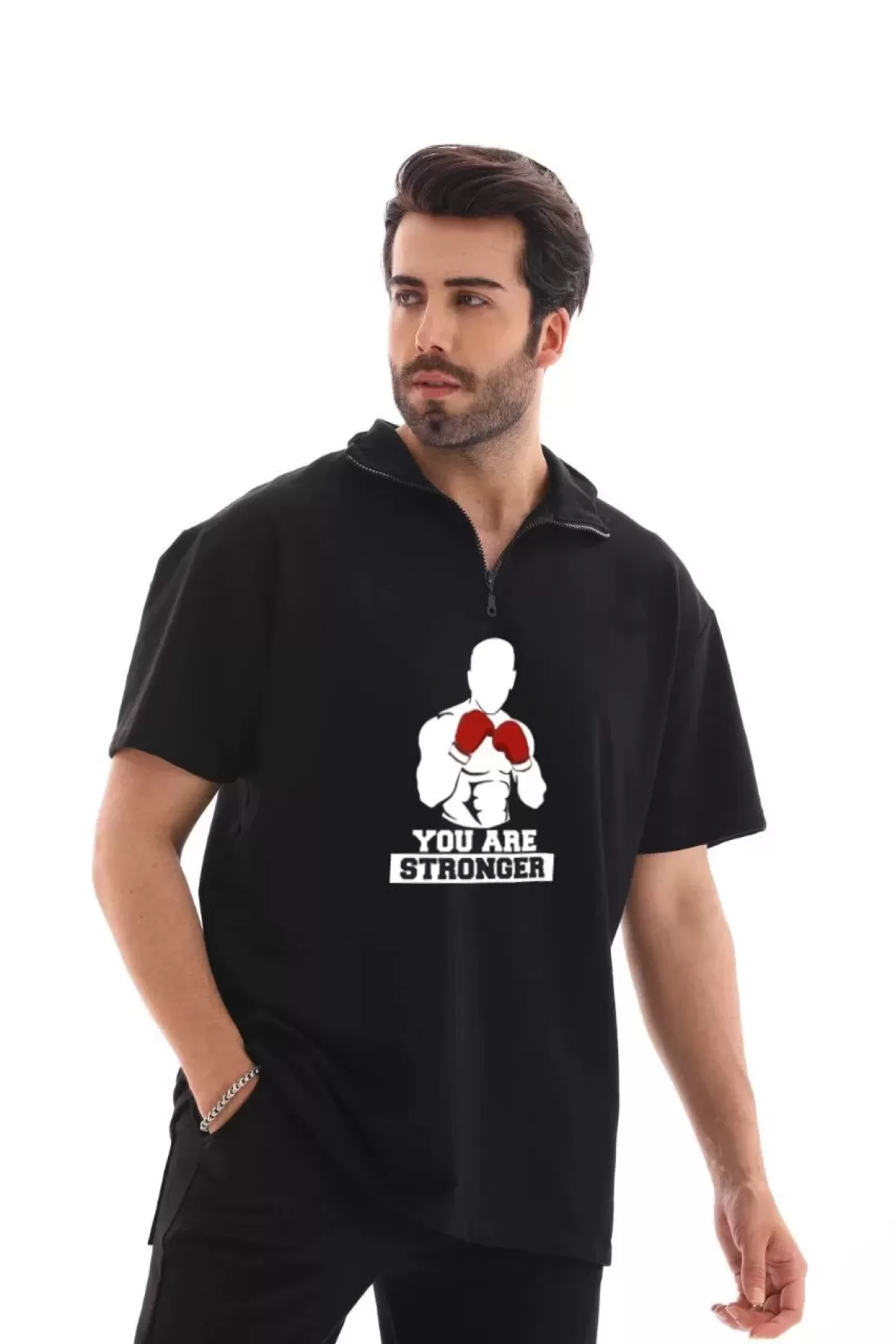 Stronger Baskılı Yarım Fermuarlı Oversize T-Shirt - Siyah