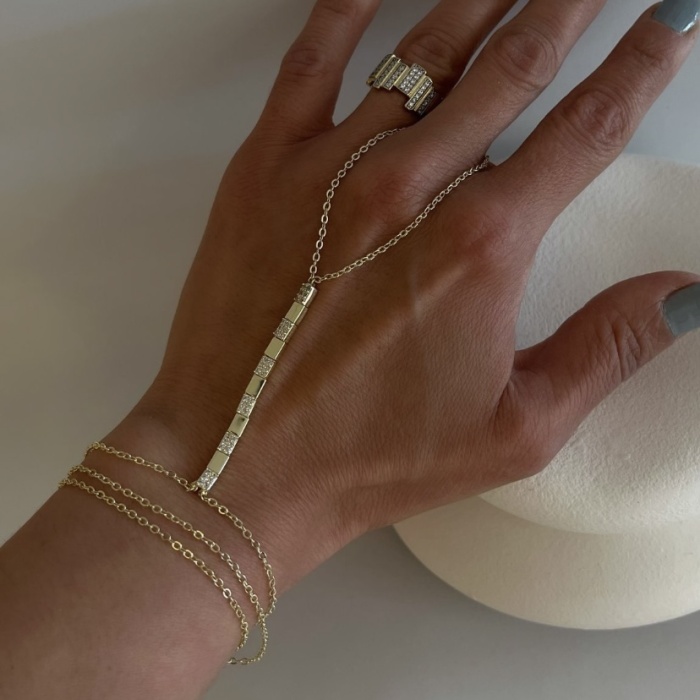 14K Goldrengi Zirkontaş Geçişli Kare Plaka Şahmeran Yüzük Kombin
