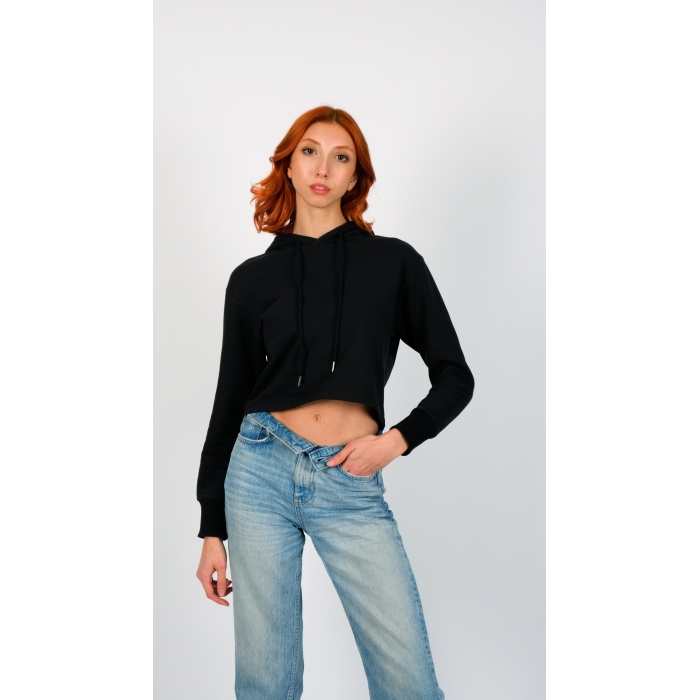 Kapüşonlu 3 İplik Siyah Renk Şardonsuz  Crop Sweatshirt