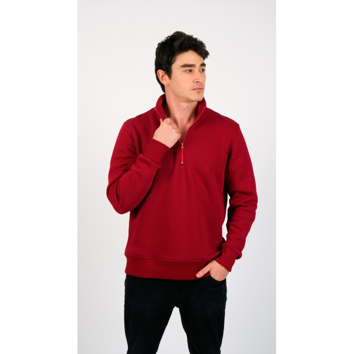 3 İplik Kırmızı Renk Unisex Fermuarlı Sweatshirt