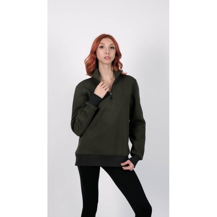 3 İplik Yeşil Renk Unisex Fermuarlı  Sweatshirt