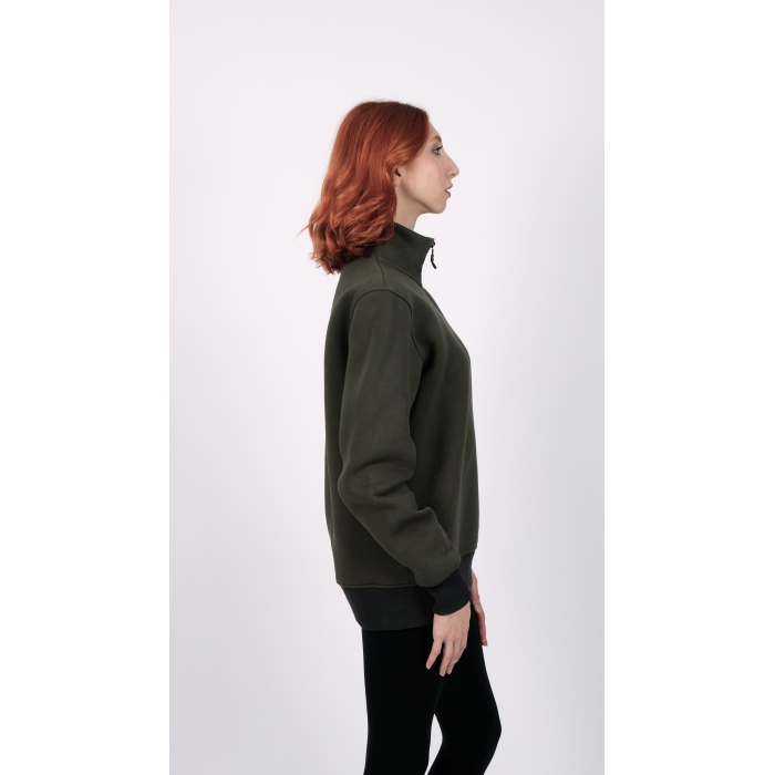 3 İplik Yeşil Renk Unisex Fermuarlı  Sweatshirt