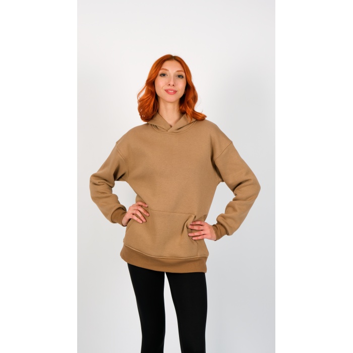 3 İplik Kapüşonlu Kahverengi Unisex Sweatshirt