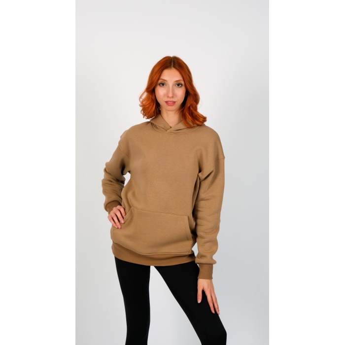 3 İplik Kapüşonlu Kahverengi Unisex Sweatshirt