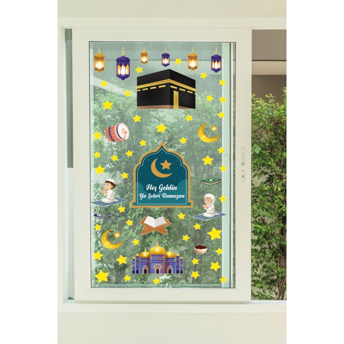 Ramazan Ayı Temalı Süsleme, Kabe Ve Ramazan Figürleri Cam Duvar Sticker Seti