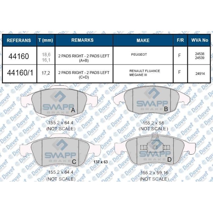 FREN BALATASI ON FLUENCE-DUSTER-LODGY-DOKKER 10-> MEGANE III 09-> 1.6 16V-2.0 16V-1.5DCI-SCENIC III 09->1.6 16V WVA 24914