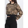 Desenli 3 İplik Crop Sweat Leopar