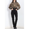 Desenli 3 İplik Crop Sweat Leopar