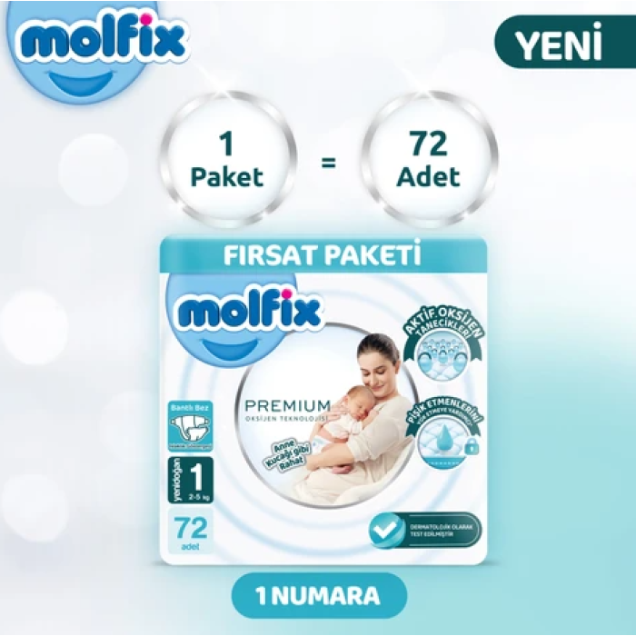 Molfix Premium Bebek Bezi Fırsat Paketi 1 Beden 2-5 Kg 72 Adet