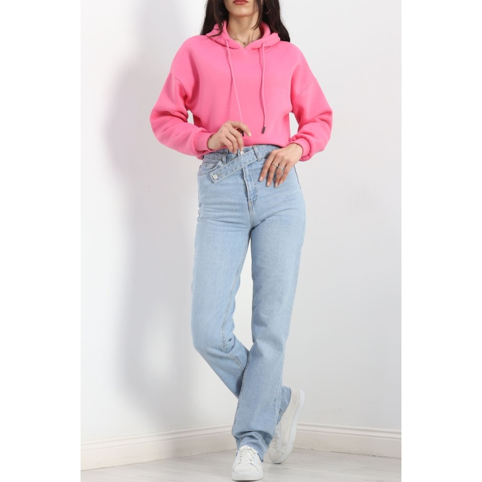 Kapşonlu Crop Sweat Pembe