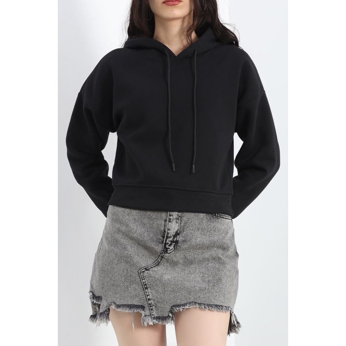 Kapşonlu Crop Sweat Siyah