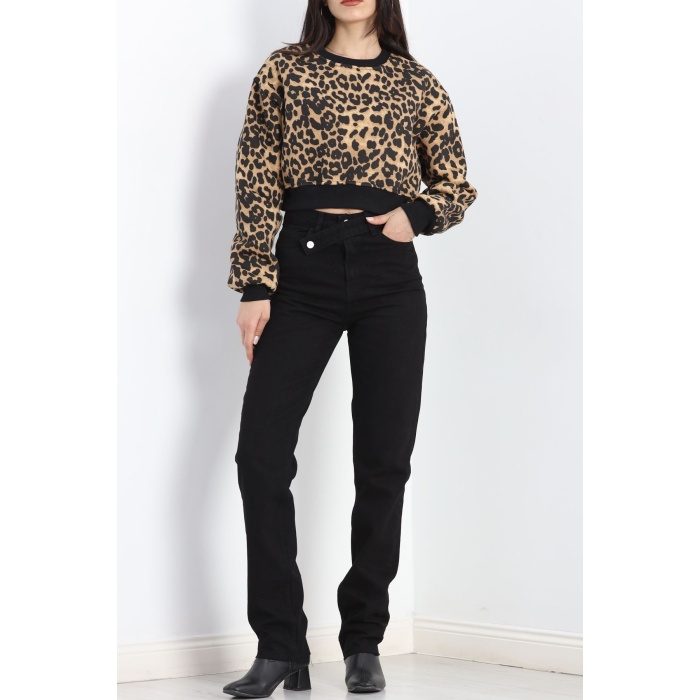 Desenli 3 İplik Crop Sweat Leopar