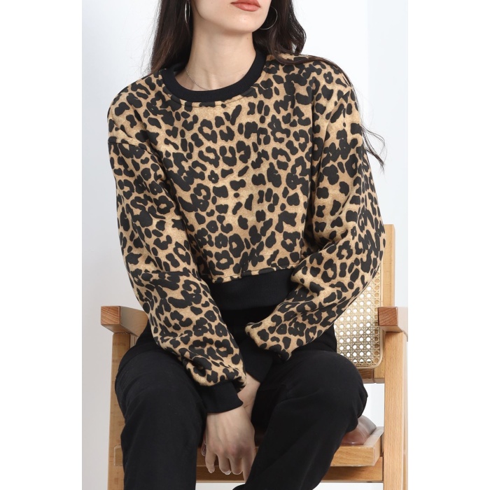 Desenli 3 İplik Crop Sweat Leopar