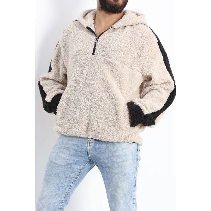 Kapşonlu Erkek Peluş Sweat Taş