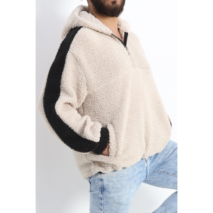 Kapşonlu Erkek Peluş Sweat Taş