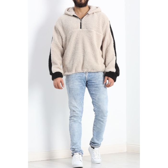 Kapşonlu Erkek Peluş Sweat Taş