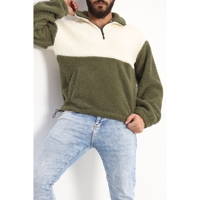 Fermurlı Blok Renk Erkek Peluş Sweat Bejhaki