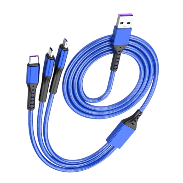 3IN1 MAVİ 1.2 METRE (MICRO USB - LIGHTNING - TYPE C) TELEFON ŞARJ KABLOSU (4767)