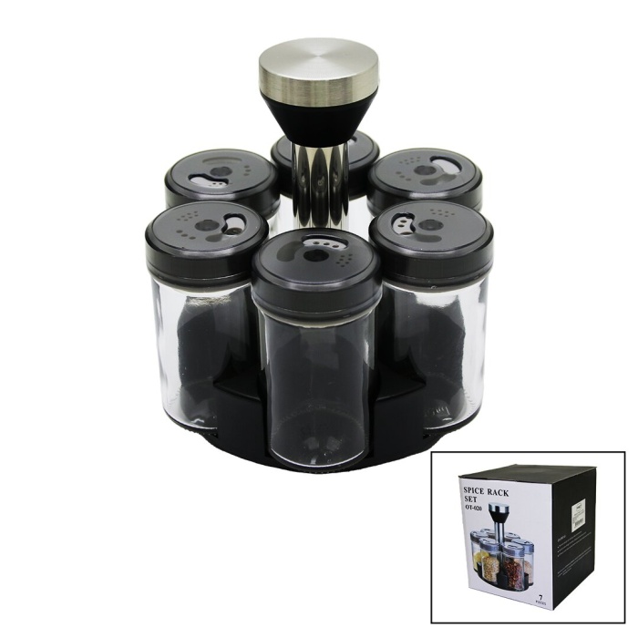 6 PARÇA  YUVARLAK CAM - PLASTİK KAPAK TULUK - BAHARATLIK DÖNER STANDLI (4767)