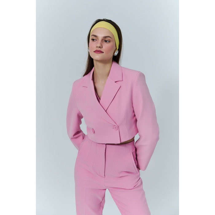 Kruvaze Crop Blazer Ceket Pembe