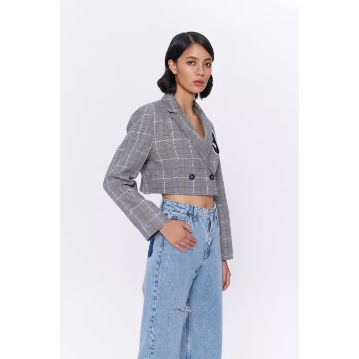 Kareli Çift Düğmeli Crop Blazer Ceket Gri