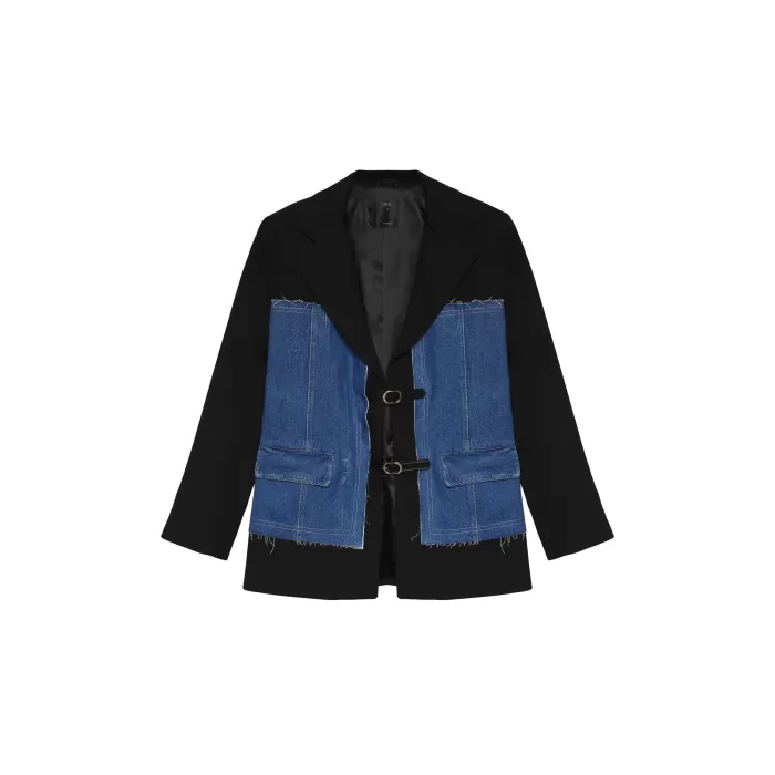 Kemer Aksesuarlı Denim Match Blazer Ceket Siyah