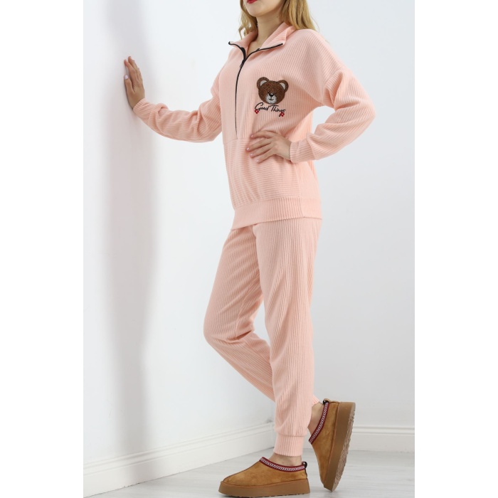 Baskılı Polar Pijama Takım Somon