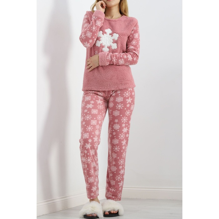 Peluş Polar Pijama Takımı Pudra