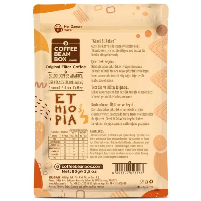 Filtre Kahve Ethiopia Öğütülmüş Kahve 80 Gr 10 Paket