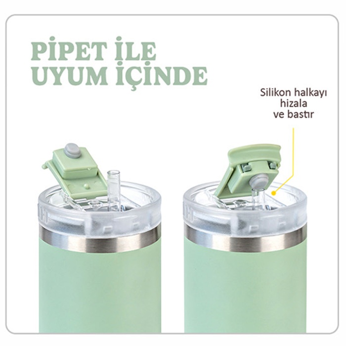 Tyeso QQ Termos Sızdırmaz Pipetli Çift Duvarlı Vakumlu 900ML Yeşil