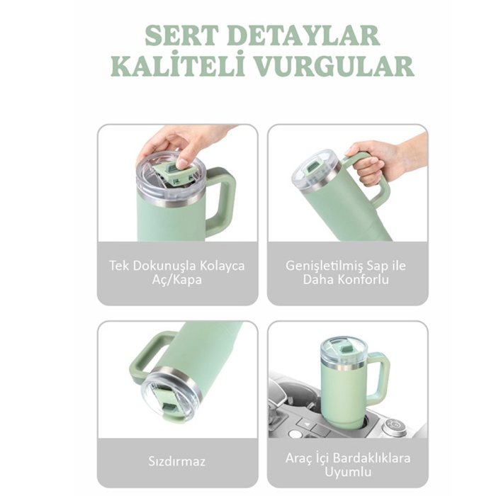 Tyeso QQ Termos Sızdırmaz Pipetli Çift Duvarlı Vakumlu 900ML Yeşil