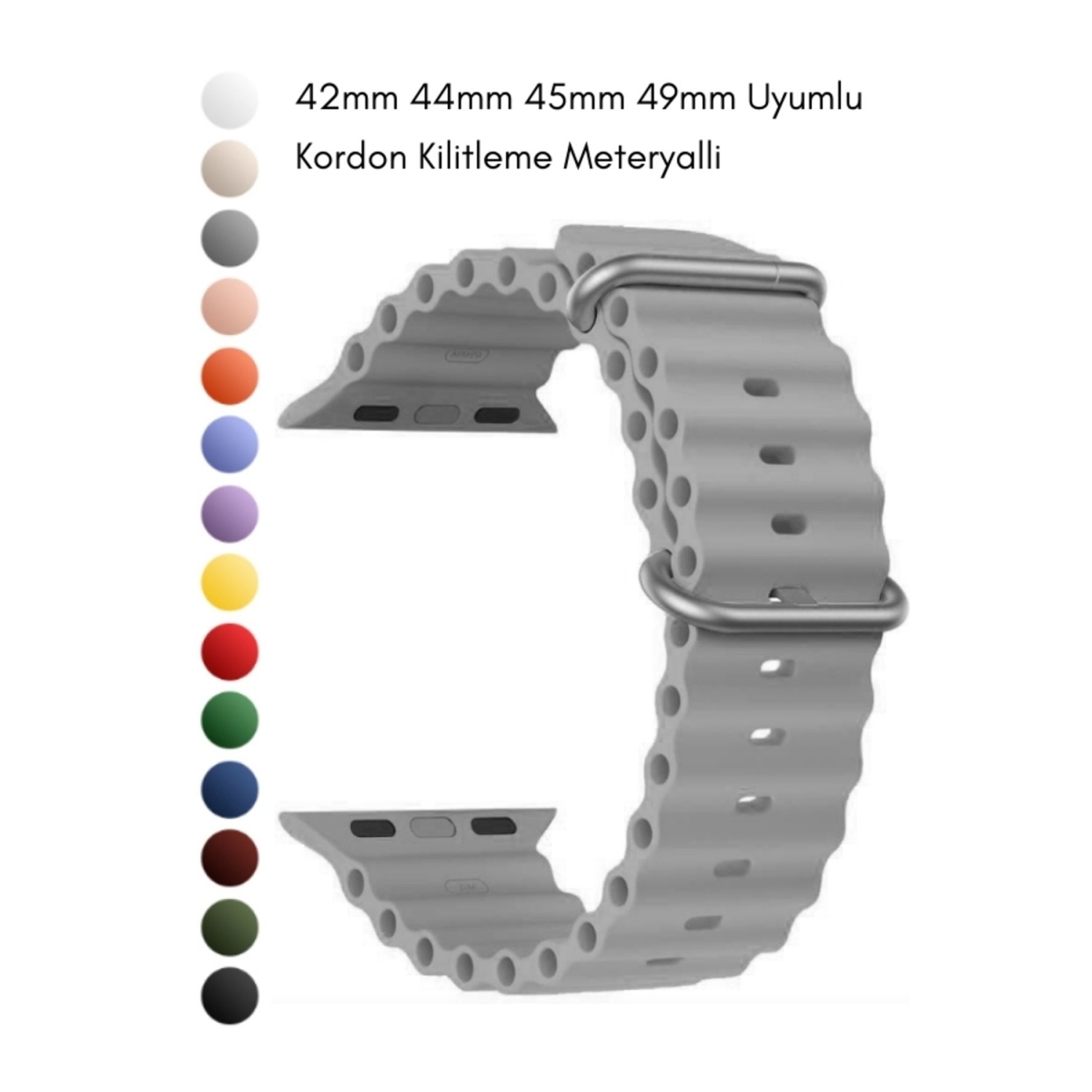 Ocean Loop Gri Silikon Kordon 42,44,45,49mm Apple Watch Uyumlu 7,8,9,10,ultra Akıllı Saat Kordonu