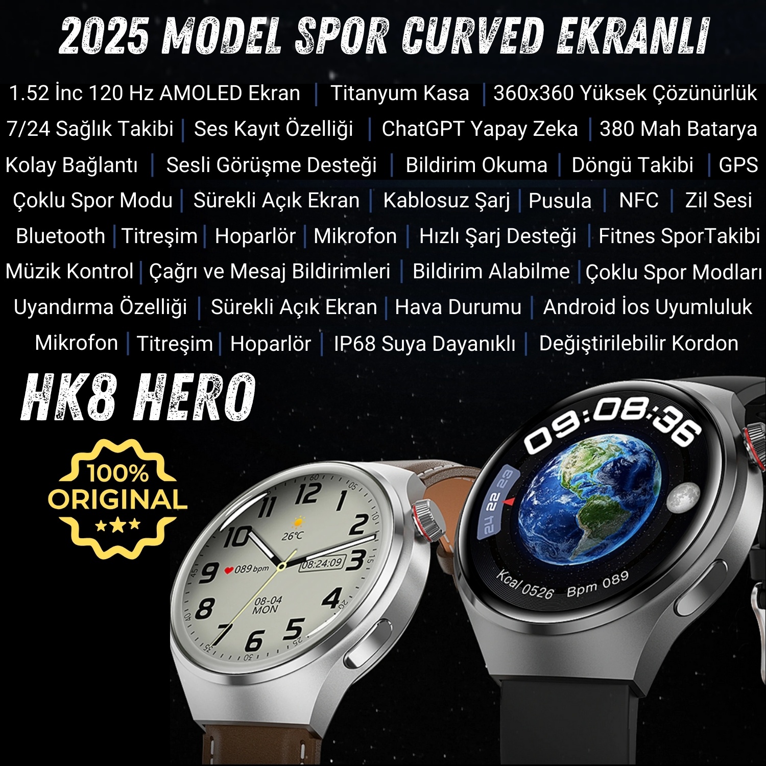 2025 HK8 Hero Akıllı Saat - AMOLED Ekranlı, Sesli Arama Özelliği, Huawei iPhone Uyumlu Watch 8-9-10