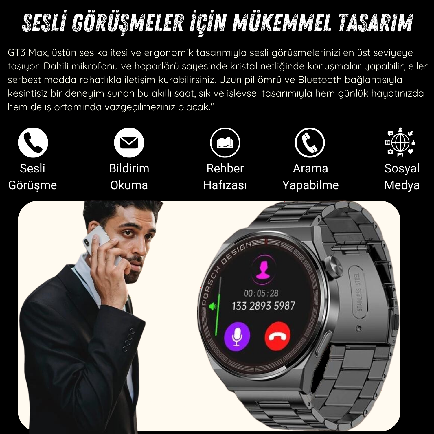 Yeni Spor Watch GT3 MAX Siyah Akıllı Saat 1.45 İnç 46mm NFC/Sesli Arama Huawei iPhone Uyumlu 8,9,10