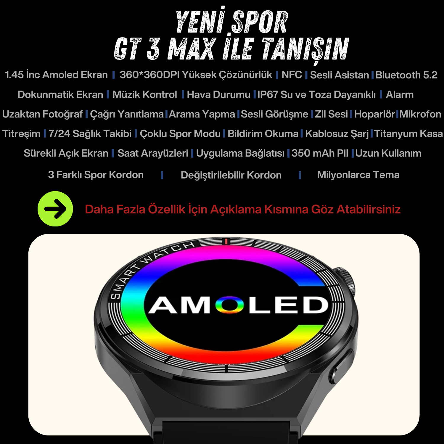 Yeni Spor Watch GT3 MAX Siyah Akıllı Saat 1.45 İnç 46mm NFC/Sesli Arama Huawei iPhone Uyumlu 8,9,10