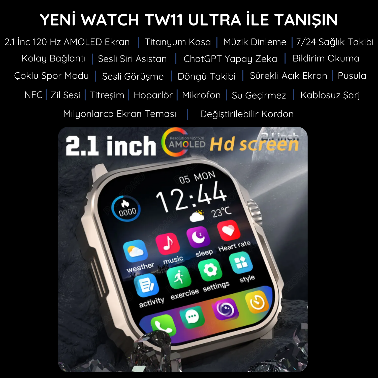 Watch Ultra TW11 Gümüş AMOLED Ekranlı Akıllı Saat, Su Geçirmez GPS NFC iPhone & Huawei Uyumlu 8,9,10