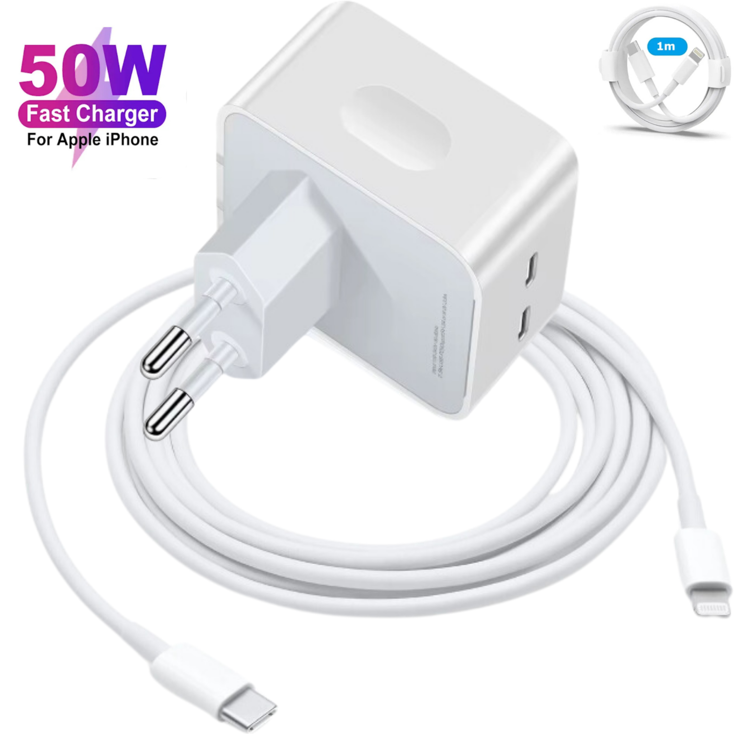 50W PD Hızlı Şarj  Cihazı Adaptörü + 1M Type-C Kablo iPhone 11,12,13,14, Pro Max Uyumlu Çift Çıkışlı