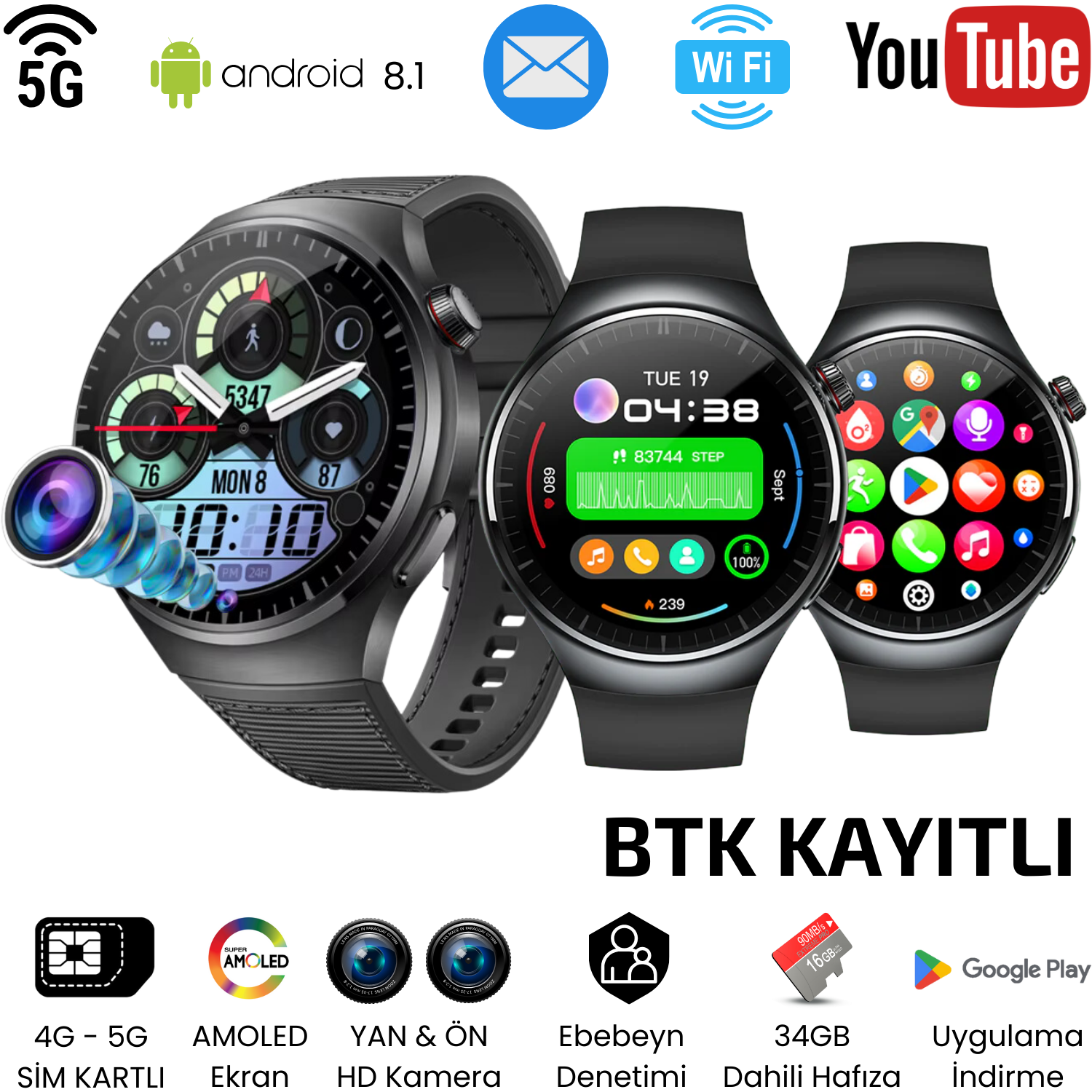 Watch N61 Akıllı Saat SIM Kartlı Kameralı 64GB, GPS,WiFi,Play Store Çocuk iPhone Huawei Uyumlu 8,9,10