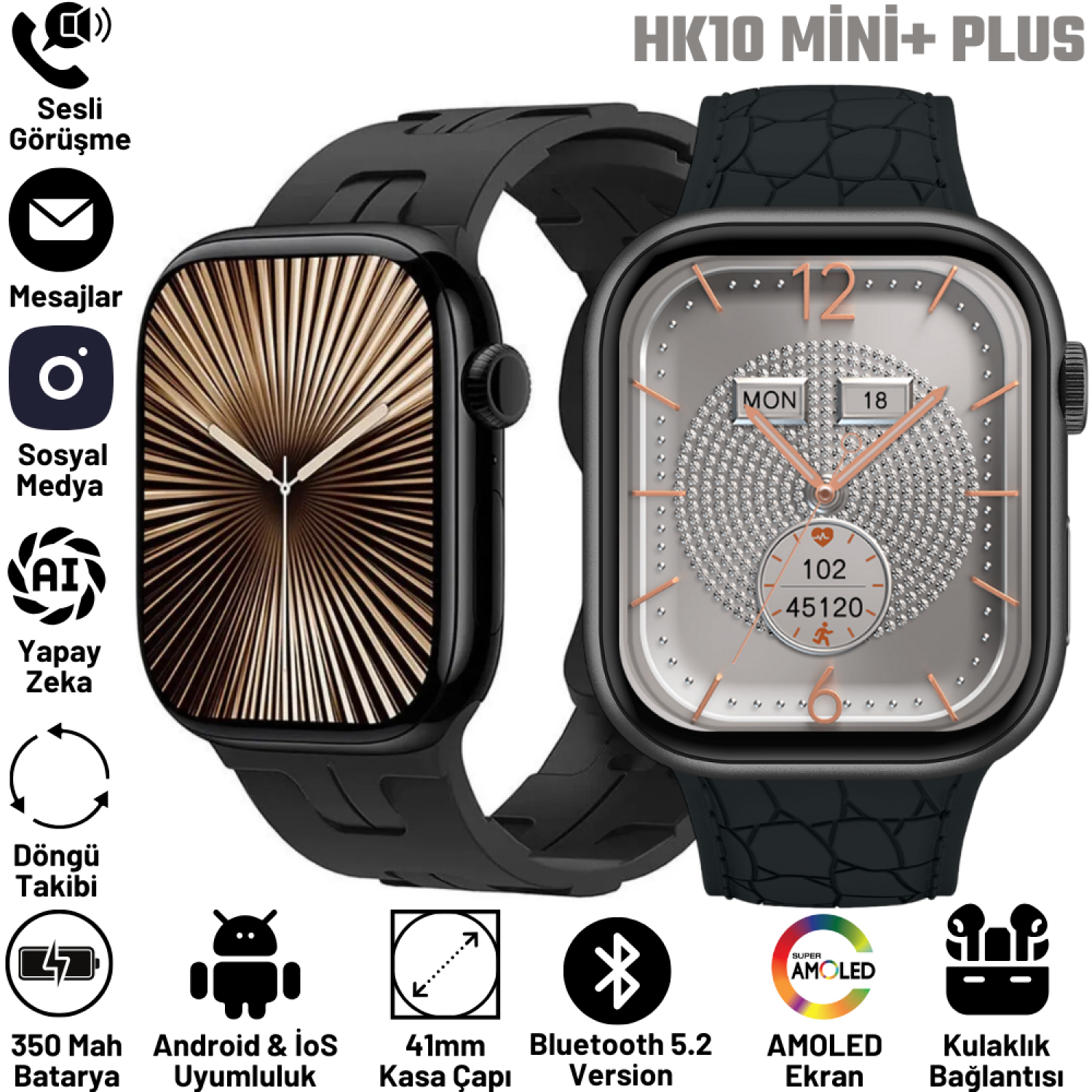 Watch HK10+ Mini Plus AMOLED Ekranlı Akıllı Saat – 41mm, 2GB Depolama, iPhone & Huawei Uyumlu 8,9,10