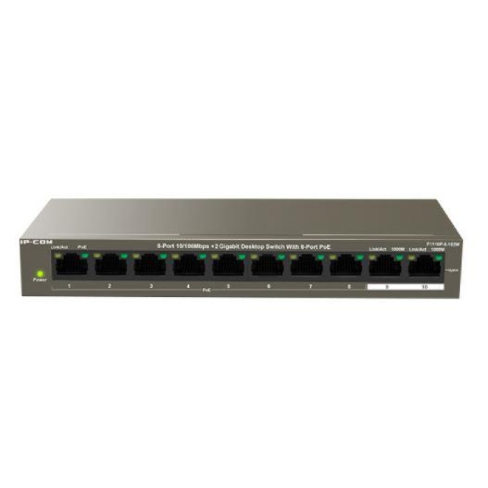 IP-COM F1110P-8-102W 8 PORT 10/100 + 2X RJ45 GIGABIT UPLINK 102W 250 METRE POE SWITCH